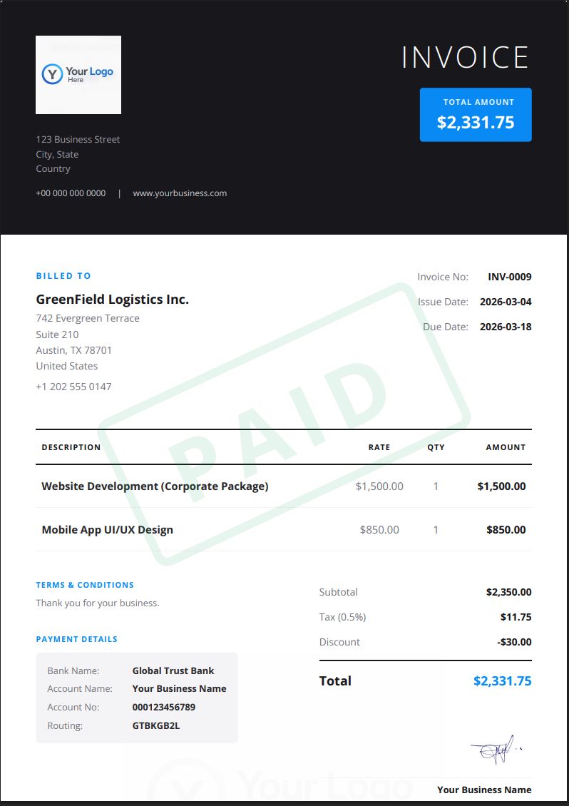 Onyx Editorial PDF Invoice Template